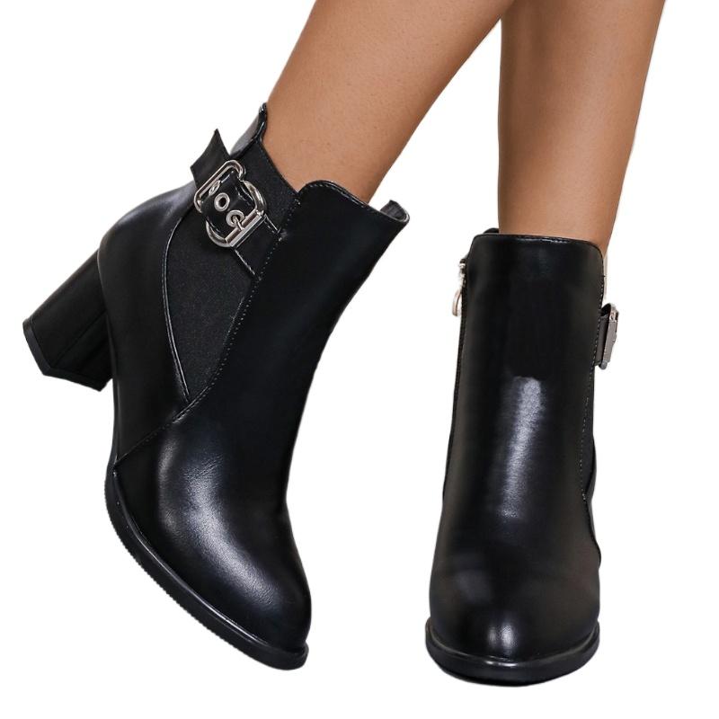 Fashion 2024 Women Zip Metal Decoration Boots Women Square Heel Solid Warm Pointed Toe Fashion Boots Women Platform Comfortable Boots