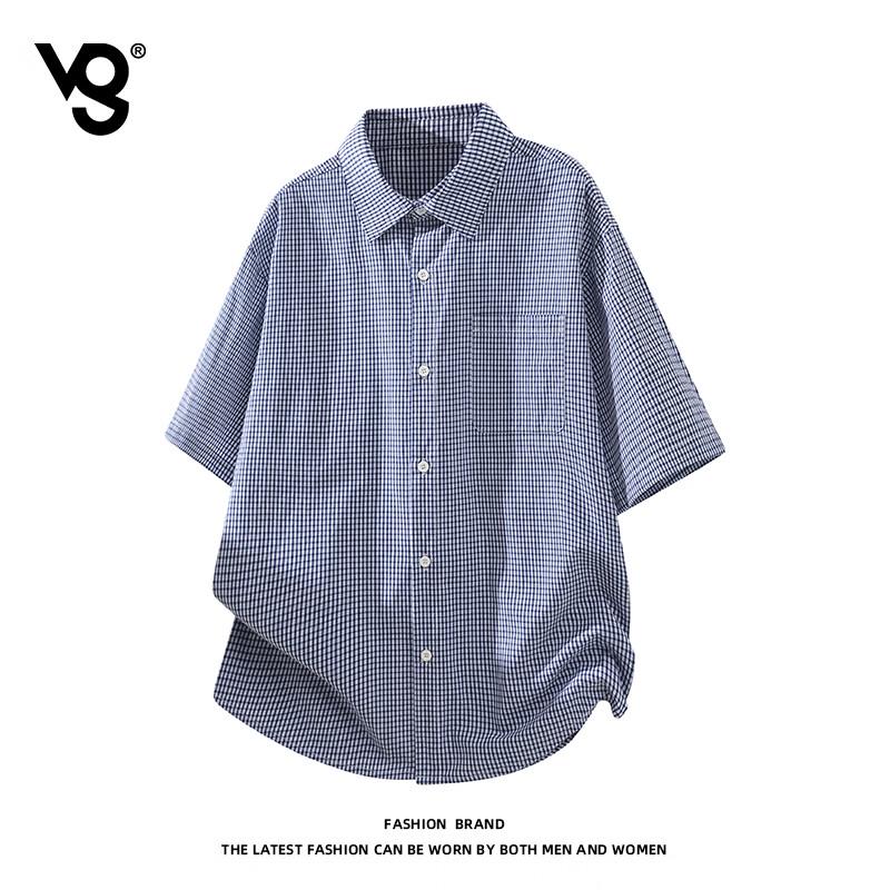 VUUG Japanese Retro Color-block Plaid Short Sleeve Shirt M