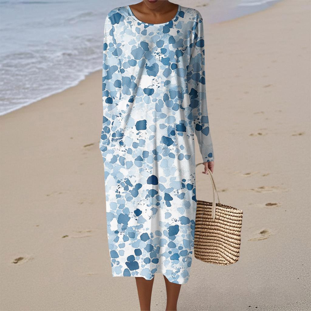 Damenmode Lässig Langarm Blumendruck Rundhals Tasche Elegant Temperament Kleid