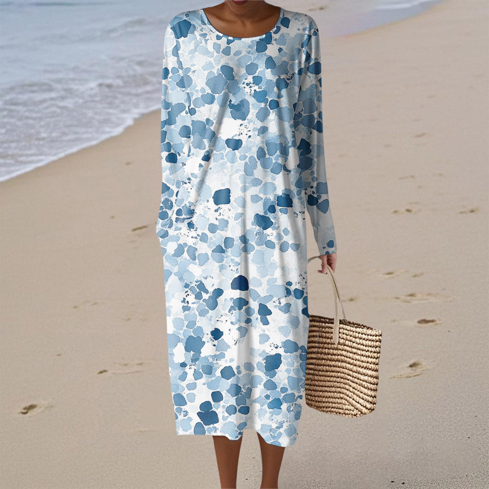 

Women s Fashion Casual Long Sleeve Floral Print Round Neck Pocket Elegant Temperament Dress XL синий