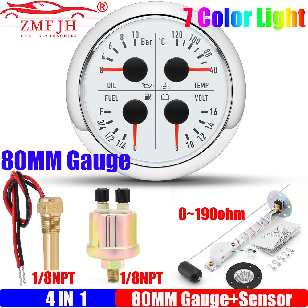 ZMFJH 7 Color LED 80MM Gauge Multifunctional Water Temp+Oil Pressure+Fuel Level Gauge+Voltage with 0-190ohm Oil Float Sensor 12V