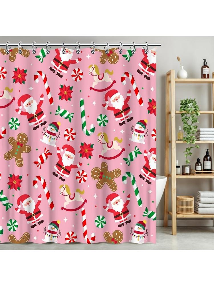 

Christmas Gingerbread Man Santa Claus Pink Shower Curtain Candy Cane Snowman Pattern Santa Party Decorations Waterproof Fabric W60H190(CM)-1 Pcs