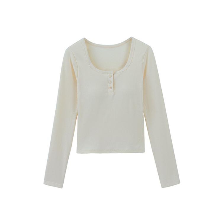 Women's Slim Fit Square Collar Long-Sleeved T-Shirt with Chest Pads for Autumn and Winter
