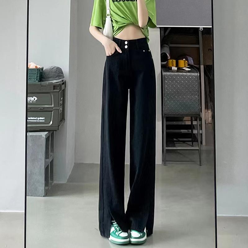 Black split-ended high-waisted wide-leg jeans New spring and autumn design sense niche loose and thin floor pants
