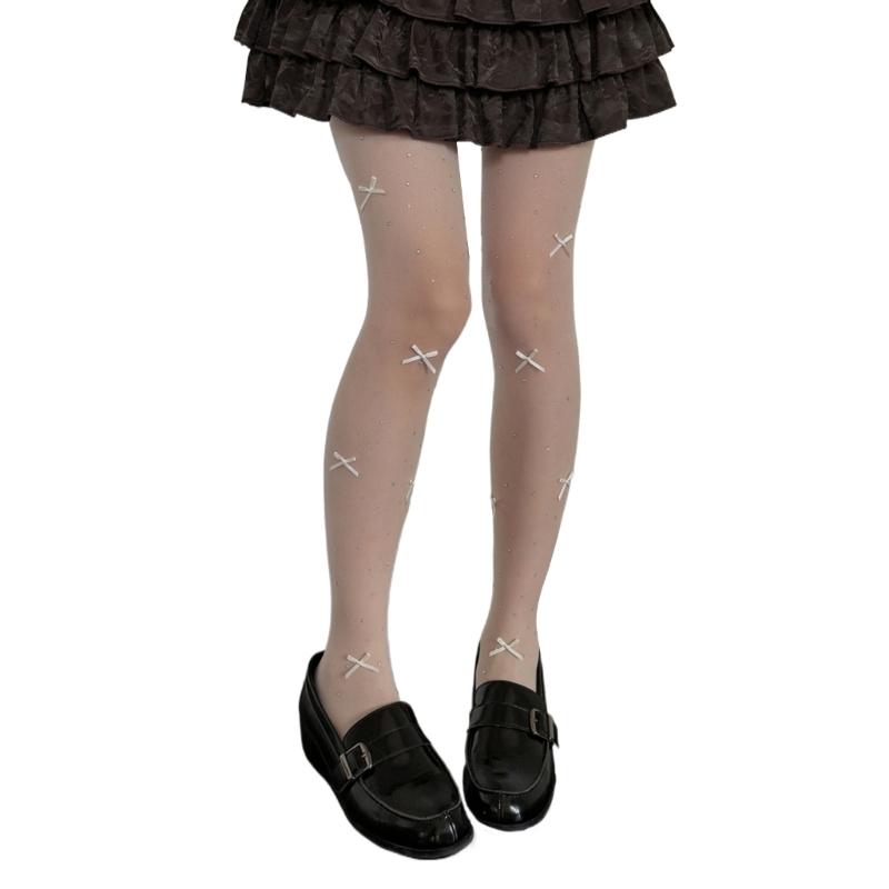 Aesthetic Sparkly Rhinestones Bowknot Sheer Pantyhose Stockings Women Thin See Through Silky Tights Shimmering Leggings