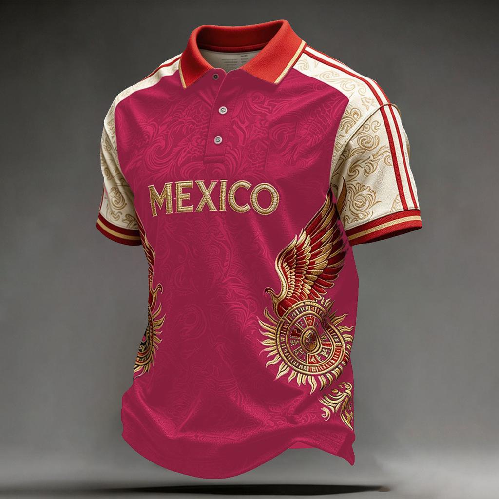 Men's Mexican Soccer Print Shirt with Collar for Casual Wear