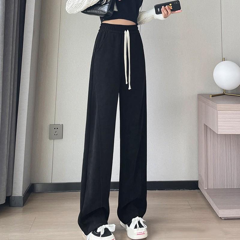 Autumn Winter Elastic Waist Loose Casual Wide Leg Pants Women Solid Color Drawstring All-match Straight Trousers