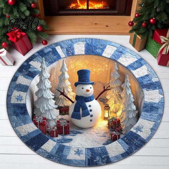 Holiday Party Floor Covering Round Christmas Rug, 39" Imitation Cashmere Santa Snowflake Pattern, Pattern Rug Area for Home Living Room Bedroom Decor