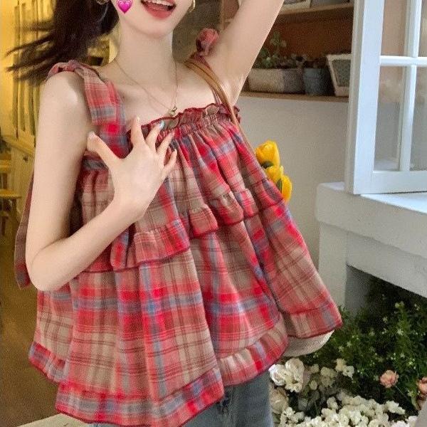 Contrast color Spice Girl plaid suspender vest women's summer new fungus edge design sense chic short top tide