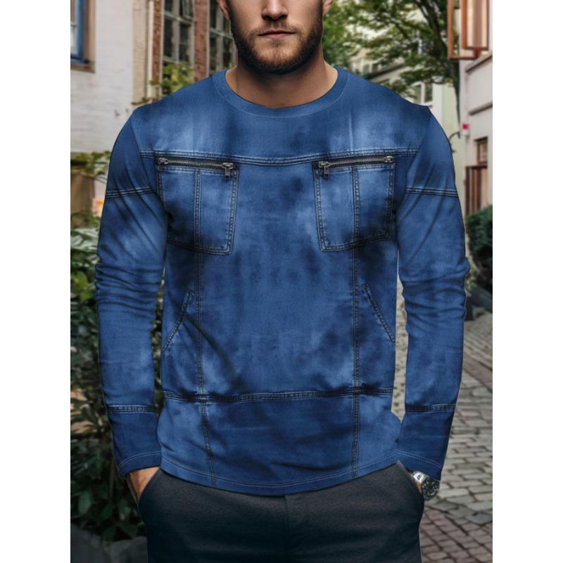 Men'S Round Neck Long Sleeve T-Shirt Fashion Faux Denim Print Design Casual Versatile Trendy Top