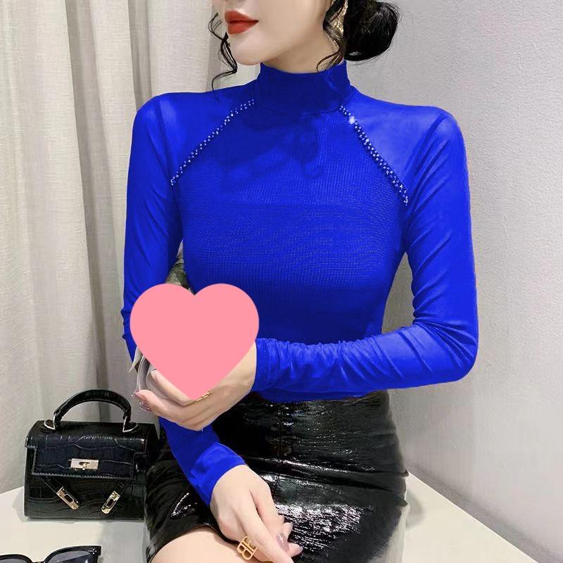 European Autumn 2025 Slim-Fit Beaded Mesh Patchwork Long Sleeve Women's T-Shirt