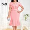 Women Plus Size Embroidery Lace Splice Dress O neck Short Sleeve High Waist Hip Wrapped Fishtail Gown Dress