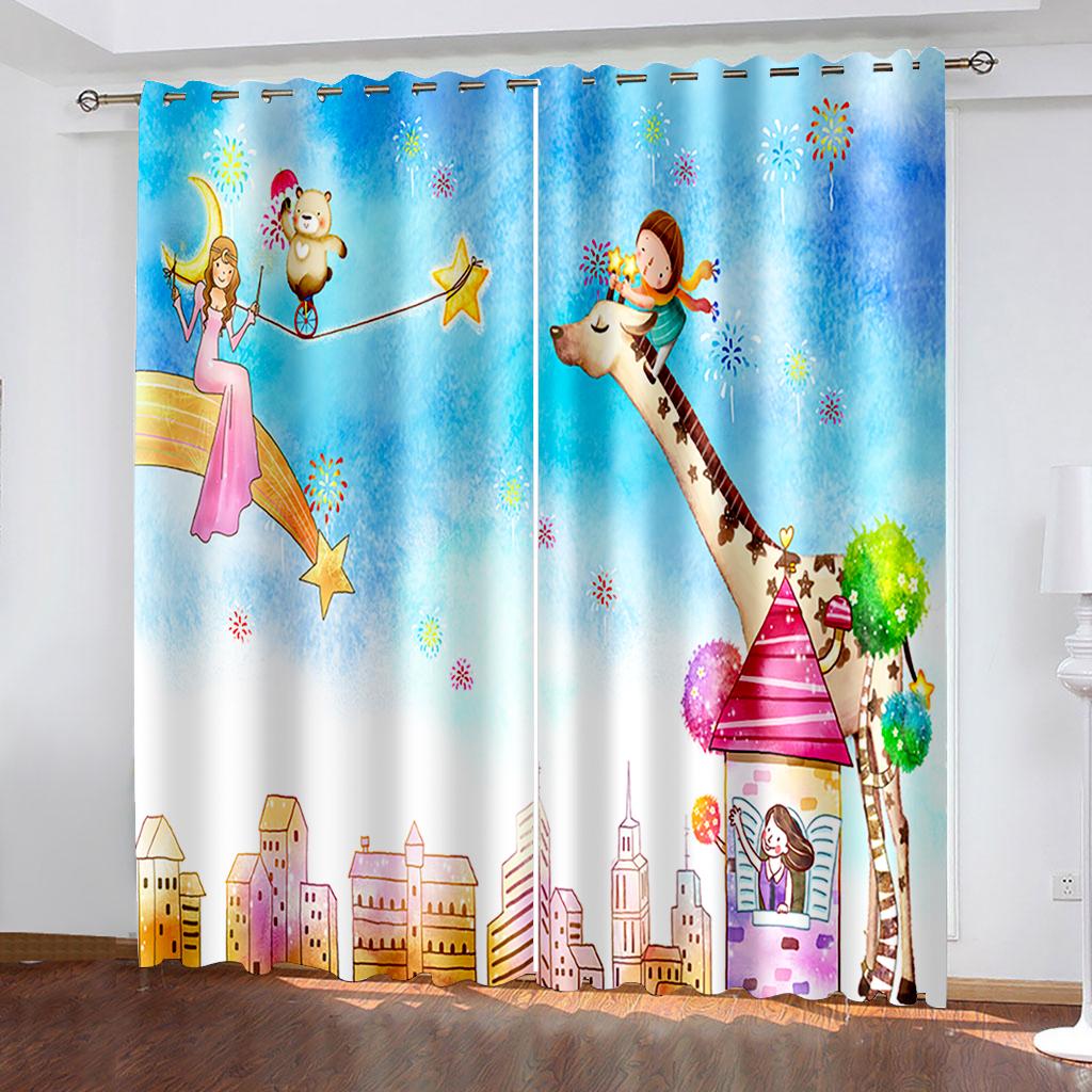 2Pcs Customized Animated Cartoon Small Fresh 3D Printing Curtains, Decorative Curtains For Bedroom, Living Room And Office