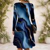 Women Criss Cross V Neck Long Sleeve Blue Gold Marble Printed Fitted Curved Hem Dress