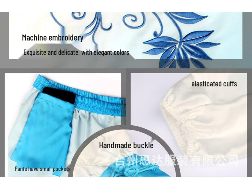 Blue & White Porcelain Gradient Tai Chi Suit: Embroidered Performance & Practice Attire for Women & Men.
