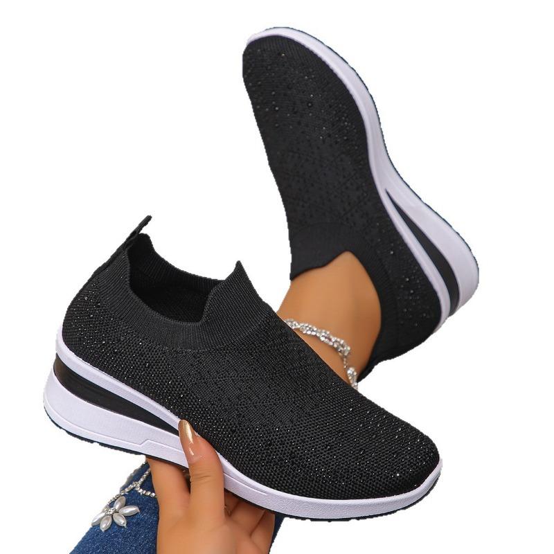 New large size spring and autumn new fashion casual rhinestone flying weaving women's sports style casual women's single shoes