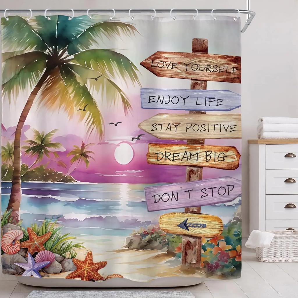 Ins Tropical Beach Palm Tree Shower Curtain Bathroom Decoration Coastal Sunset Landscape Art Waterproof Shower Curtain