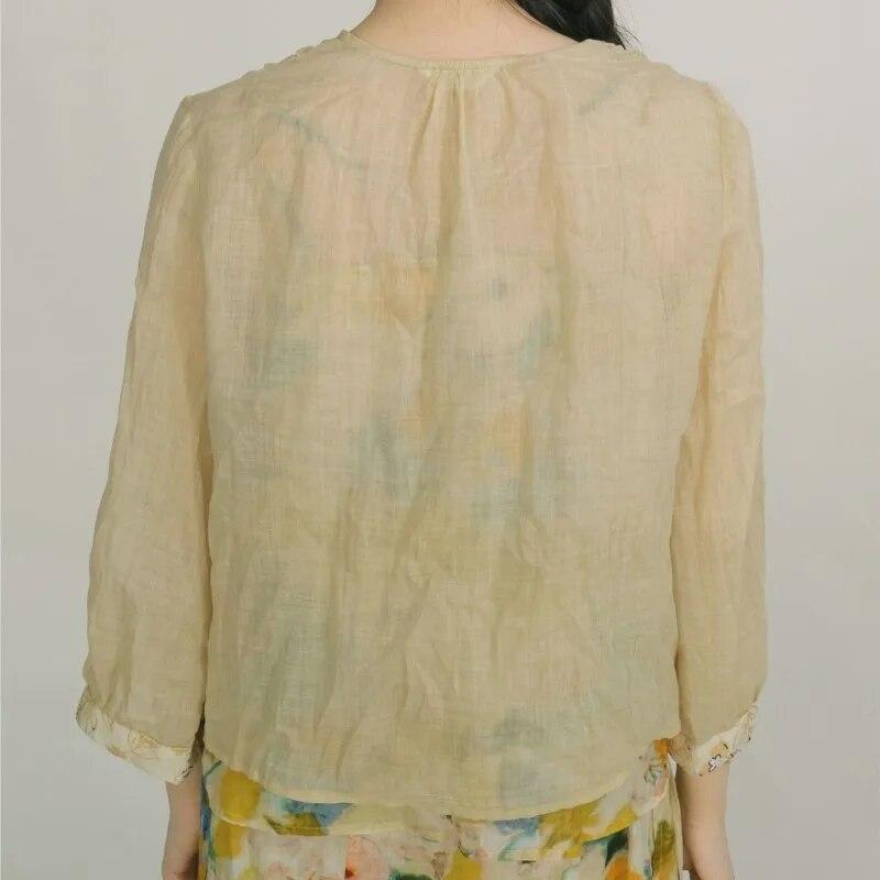 Johnature Women Ramie Solid Color Shirts Tops V-Neck Long Sleeve Summer Blouses Casual Patchwork Shirts