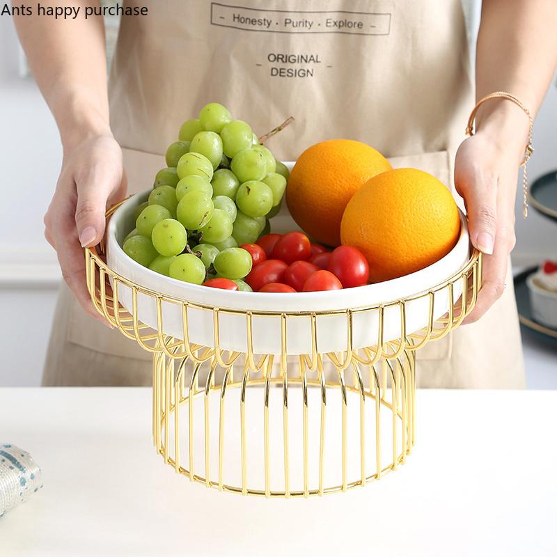 Northern European Iron Art Ceramic Fruit Bowl Green Living Room Household Coffee Table Candy Salad Plate Snack Basket Decoration