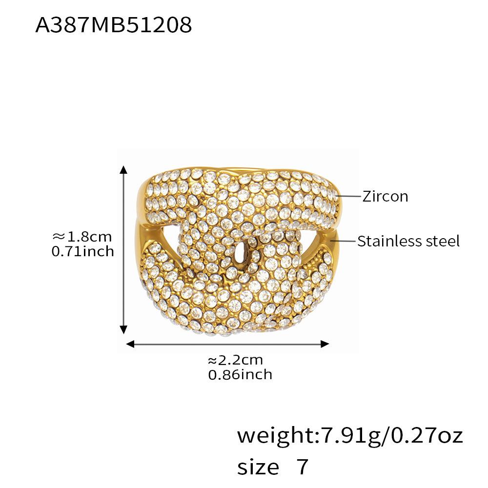Anel Duplo C Torcido de Luxo em Aço Inoxidável Banhado a Ouro 18k com Anéis Cheios de Zircônia Cúbica Anel Grosso Ajustável para Mulheres