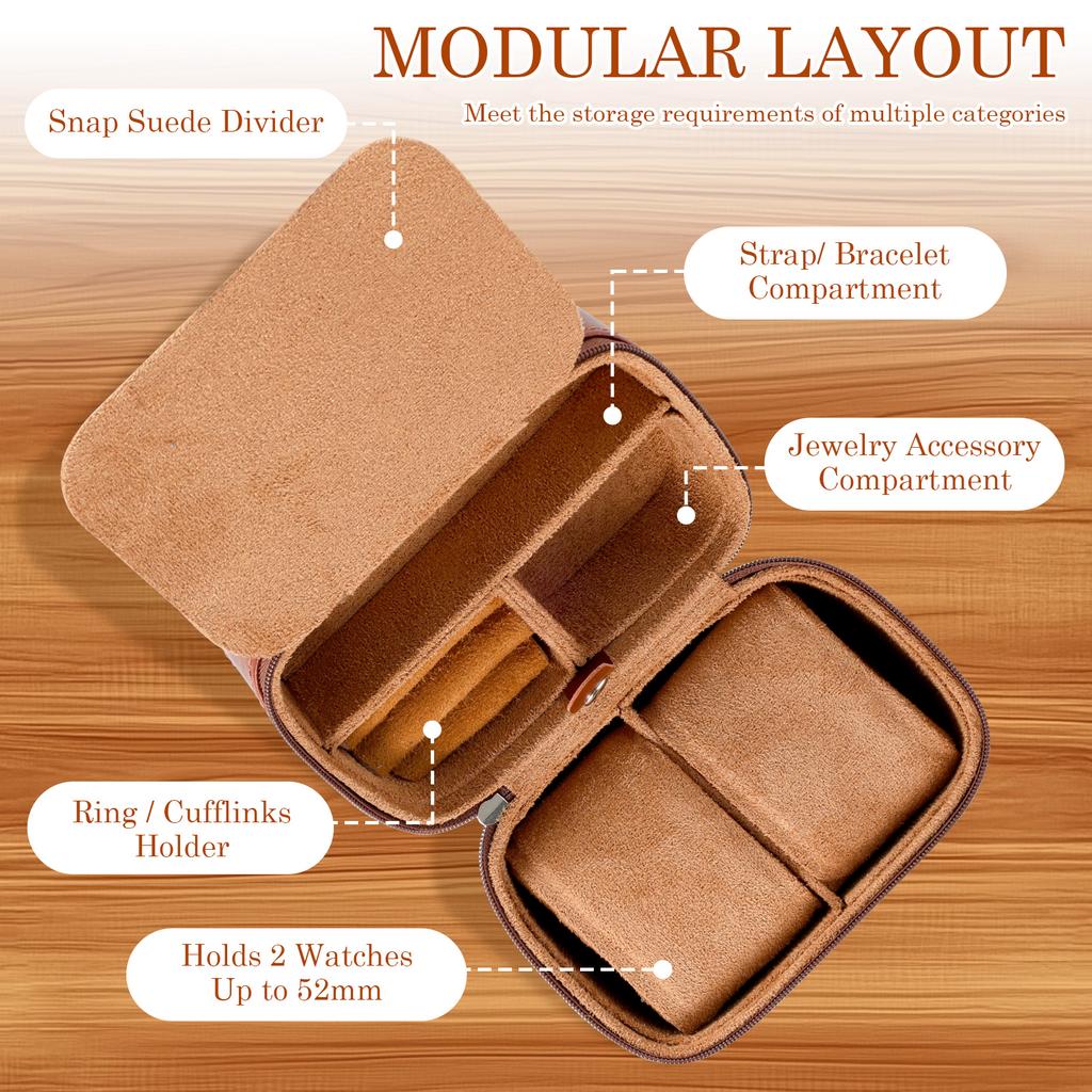 Reiseetui für Uhren mit 2 Fächern, Uhrenaufbewahrungsbox aus PU-Leder mit weichem Samtfutter und Reißverschluss, tragbare Uhrenbox