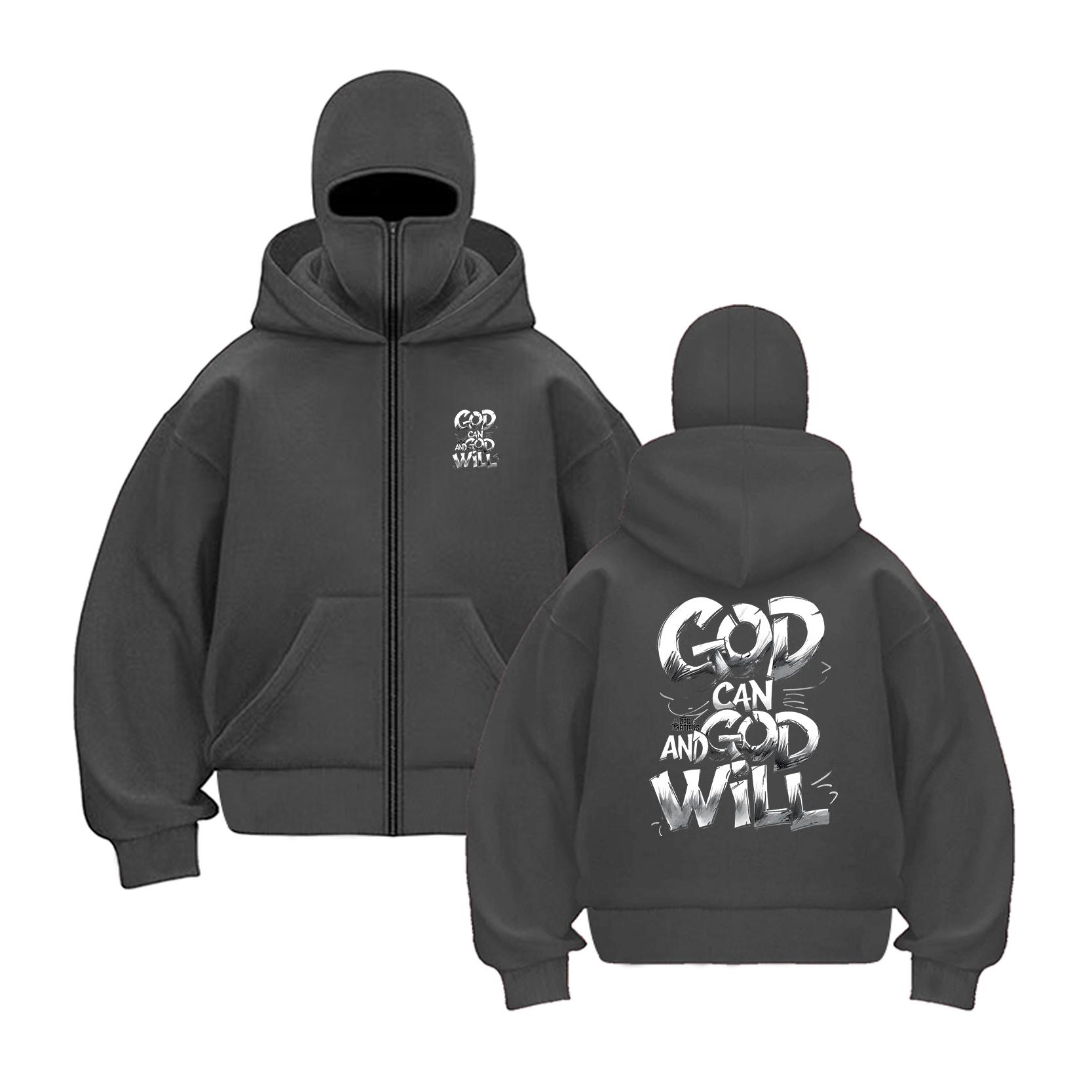 

GOD CAN AND GOD WILL Letter Print Autumn and Winter zipper Hooded Sweatshirt Fashionable and Comfortable Round Neck Top Clothing 3XL