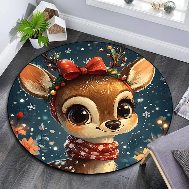Cute Deer Round Area Rug,Carpet Rug for Living Room Bedroom Sofa Playroom Decor,Non-slip Floor Mat