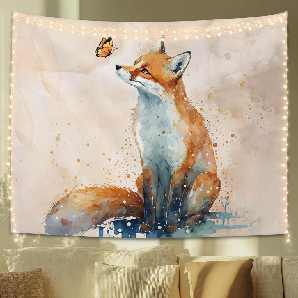 Watercolor Fox Tapestry Cute Red Fox Wall Art Aesthetic Animal Decor for Teen Girls Women Fox Lovers 50x60 Inches
