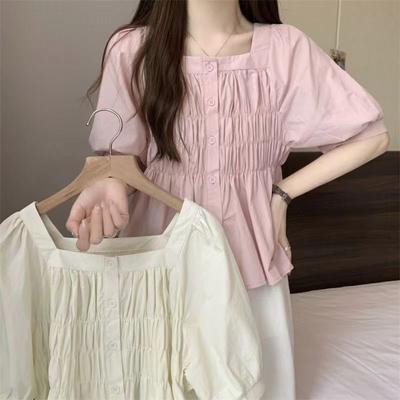 Korean Style Bubble Sleeve Women's Shirt Unique Pleated Design On The Chest Lady Top Summer Short Style Solid Color Versatile Short Shirt