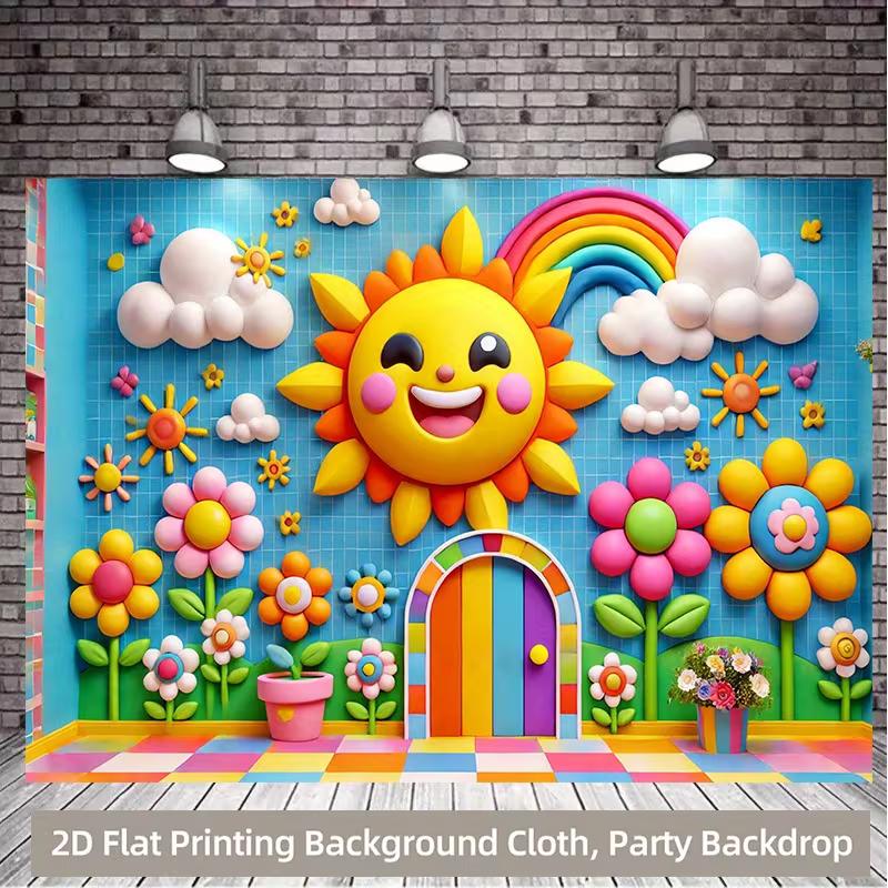 2D Bright Sun & Cloud Backdrop for Kindergarten & Kids Event Decor