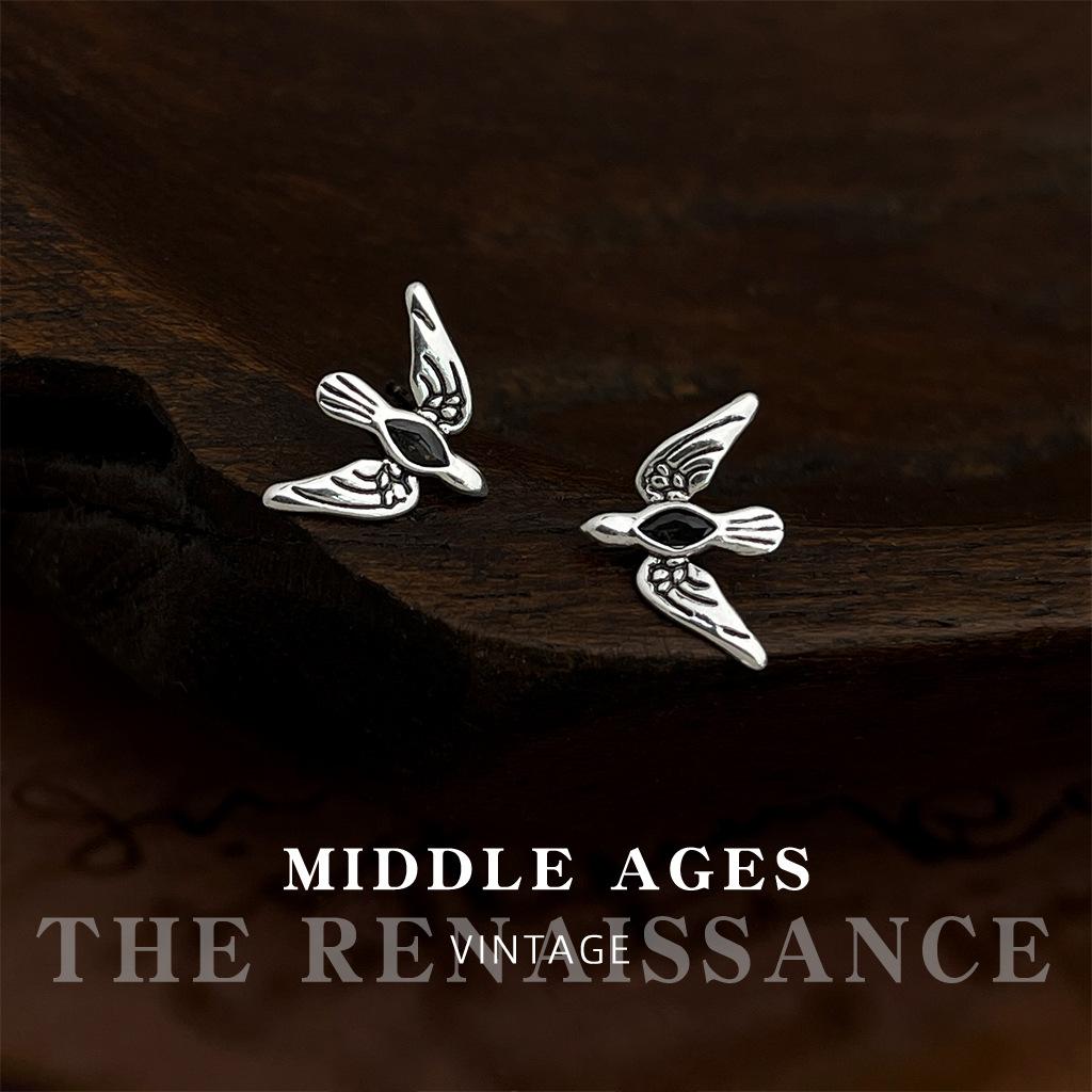 Размазанные и старые серебряные серьги-гвоздики с цирконом в виде птиц ретро литературно-художественный стиль нишевые серьги серьги