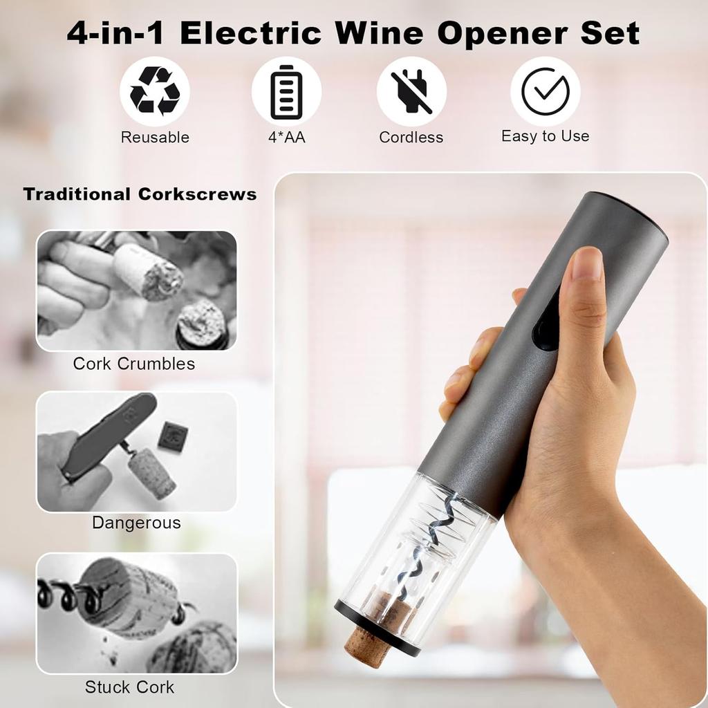 COKUNST Electric Wine Opener, 4-in-1 Wine Bottle Opener Set with Base, Cordless Automatic Battery Operated Corkscrew with Foil Cutter, Pour, Vacuum