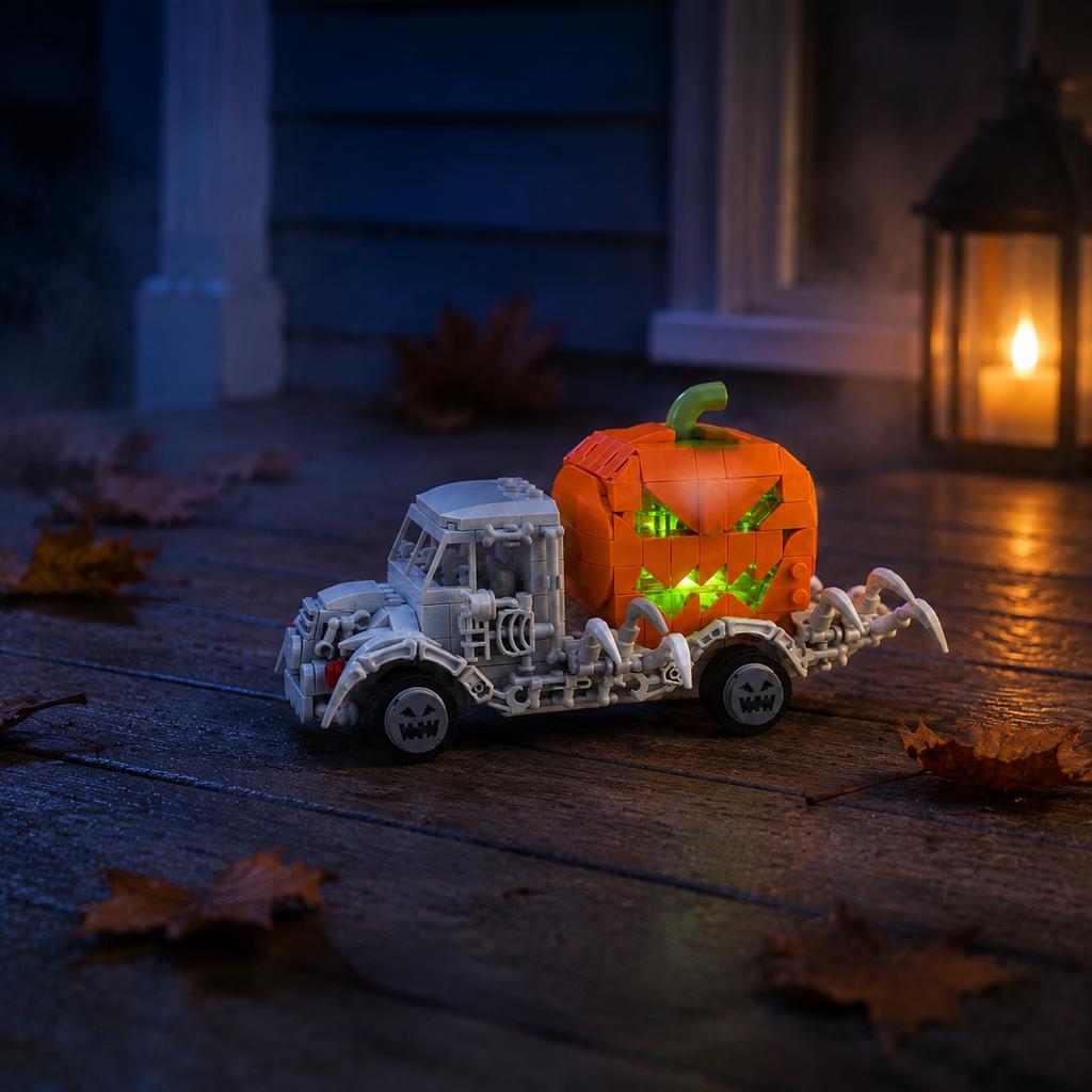 Halloween Skeleton Pumpkin Carriage Building Set with Light-Up Feature, Creative Gift for Kids and Adults