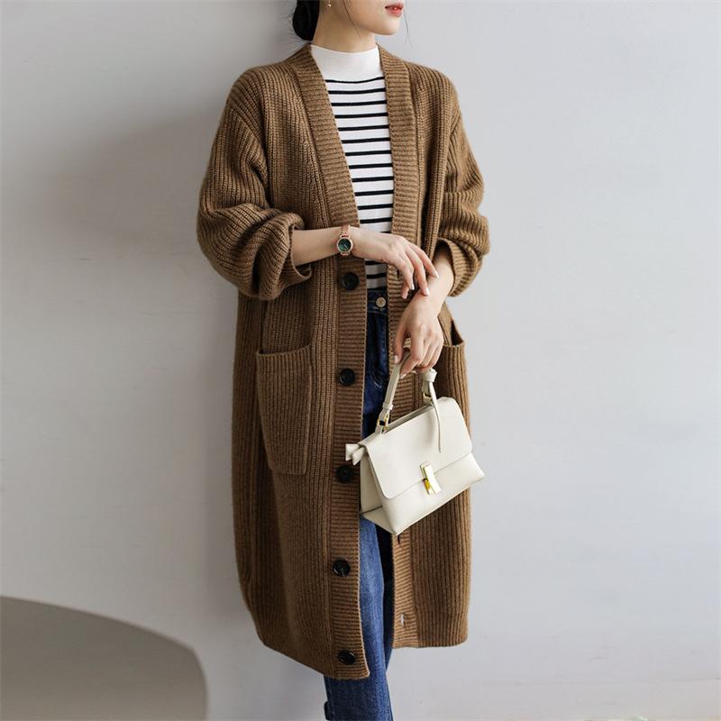 Thickened knitted cardigan jacket women's autumn and winter new retro loose lazy style medium and long sweater with tide