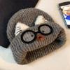 Cute Cat Ear Knitted Hat Female Autumn and Winter Warm Big Head Circumference Showing Face Small Cartoon Cat Glasses Ear Protection Wool Hat