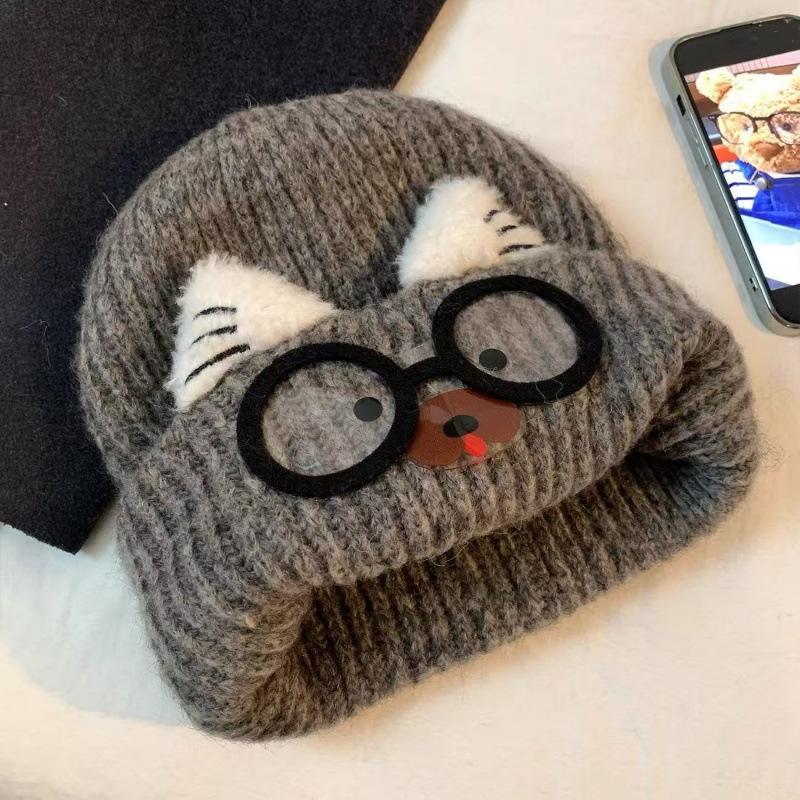 Cute Cat Ear Knitted Hat Female Autumn and Winter Warm Big Head Circumference Showing Face Small Cartoon Cat Glasses Ear Protection Wool Hat