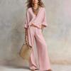 Women's Loose Casual Two-Piece Set Three Quarter Sleeve V Neck Blouse High Waist Wide Leg Pants Outfit