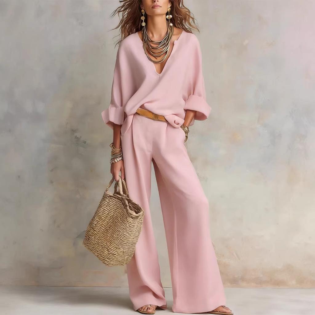 Women's Loose Casual Two-Piece Set Three Quarter Sleeve V Neck Blouse High Waist Wide Leg Pants Outfit