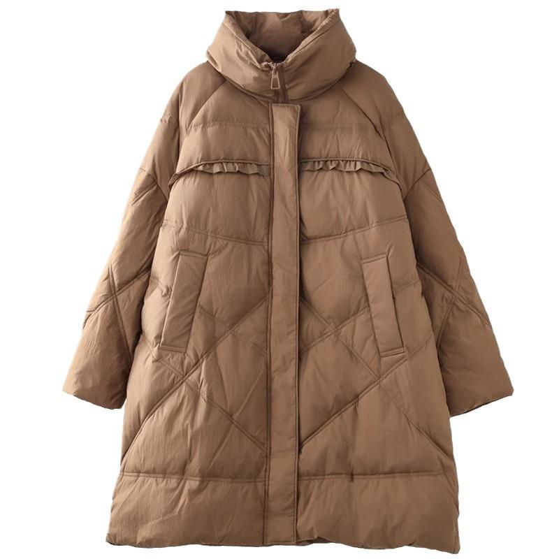 Literary and retro large size white duck down jacket winter new stand-up collar thickened warm medium and long coat coat