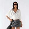 French Crossed V-Neck Bat Sleeve Top Women's Waist Pleated Skinny, Temperament Commuter Gentle Medium Sleeve T-Shirt