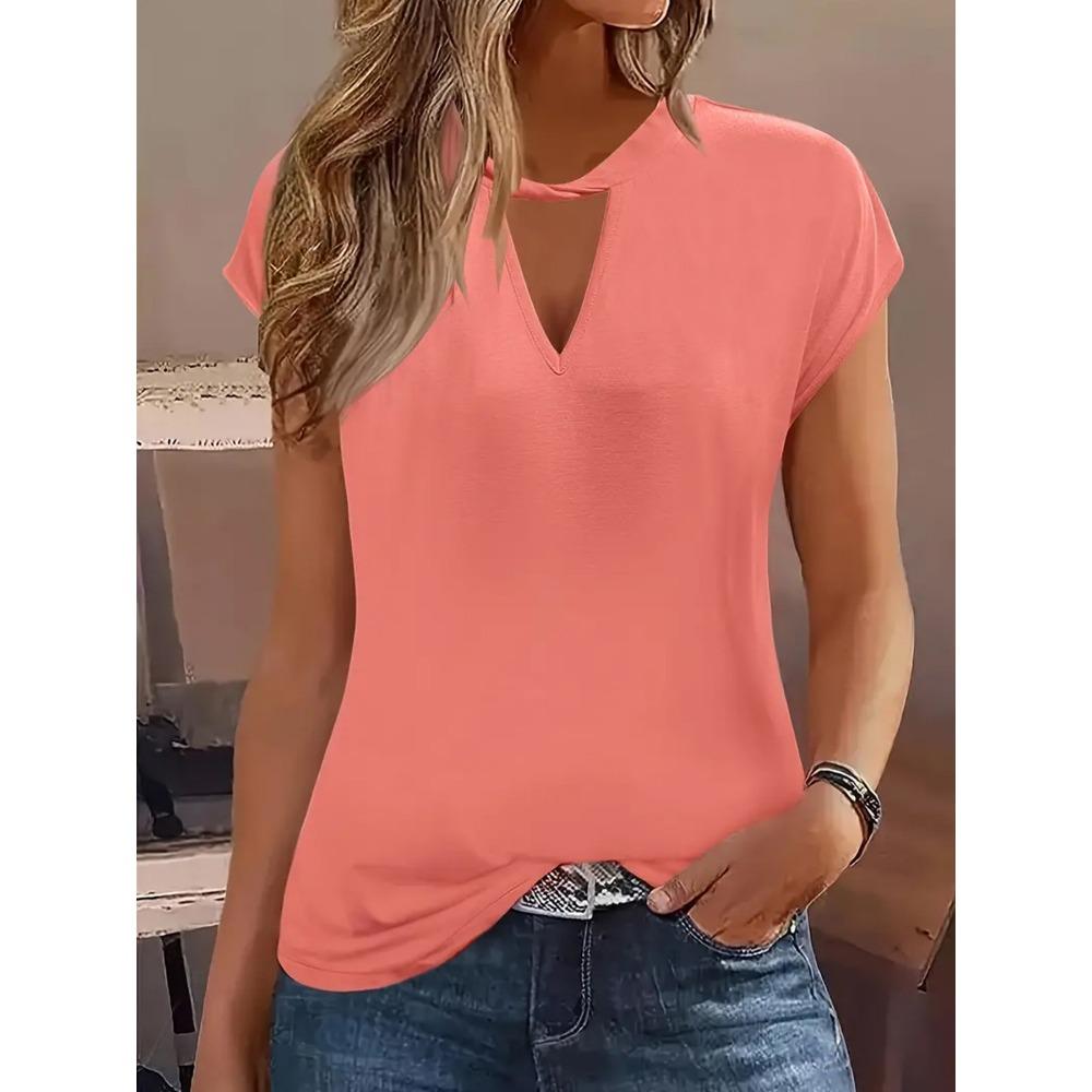 Women's Fashion Tops Short Sleeve V Neck Solid Color T-Shirt