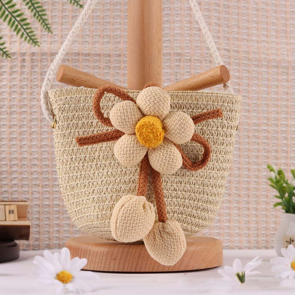 Cute Flower Straw Bag Mini Colorful Summer Beach Shoulder Bag Handmade Zipper Coin Purse