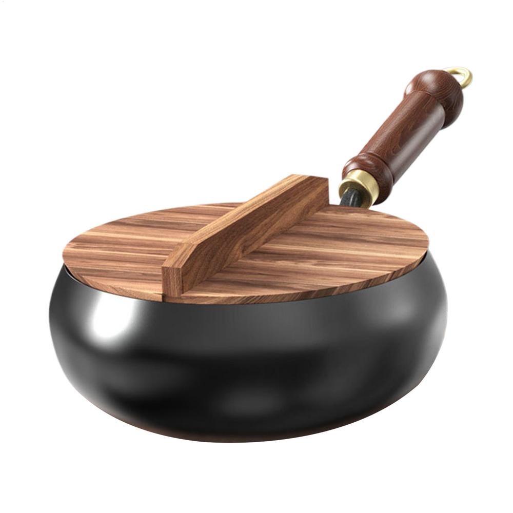 

Chinese Flat Bottom frying pan Big Belly Non-stick Pan Without Coating Deep Iron Pot with Wooden pot lid 24cm Diameter Stir-Fry