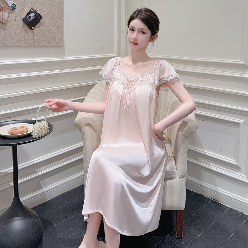 French court style nightgown women's summer ice silk short-sleeved pajamas summer pure desire sexy lace with chest pad medium and long dress