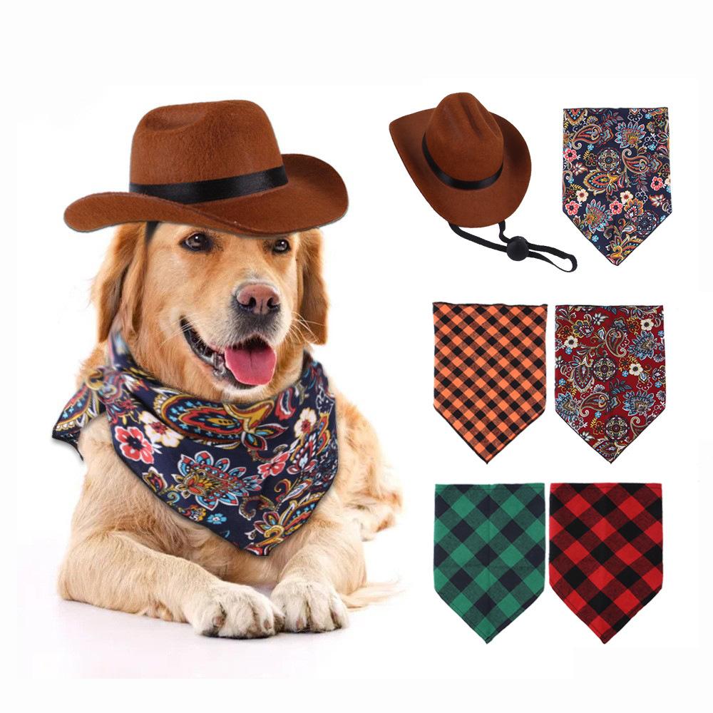 2024 New Dog Cat Western Cowboy Hat Photo Prop Pet Triangle Scarf Doll Decoration Pet Accessories Street Party Pet Caps