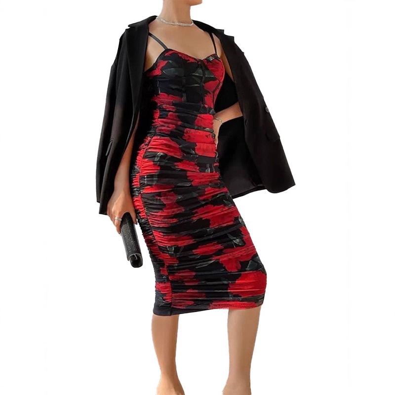 European and American Spice Girls Style Printed Mesh Suspender Skirt Low Chest Sexy Halter Hip Skirt Waist Folded Dress