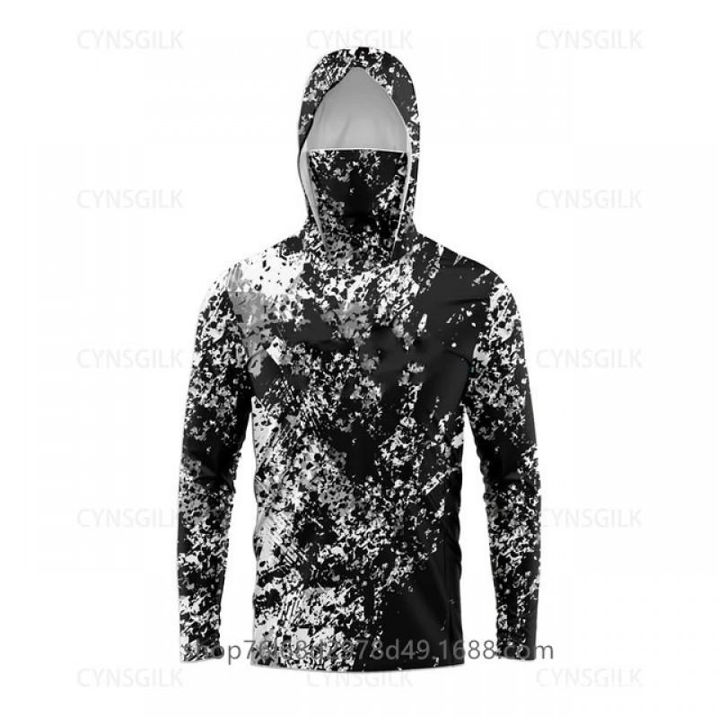 Mens Quick-Dry Ice Silk Long Sleeve Fishing Shirt With Hood Integrated Face Cover UV Protection Outdoor Sunproof Apparel