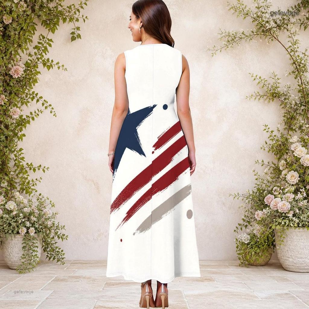 Women Plus Size Keyhole Neck Sleeveless Eagle Star Stripe Printed A Line Long Dress