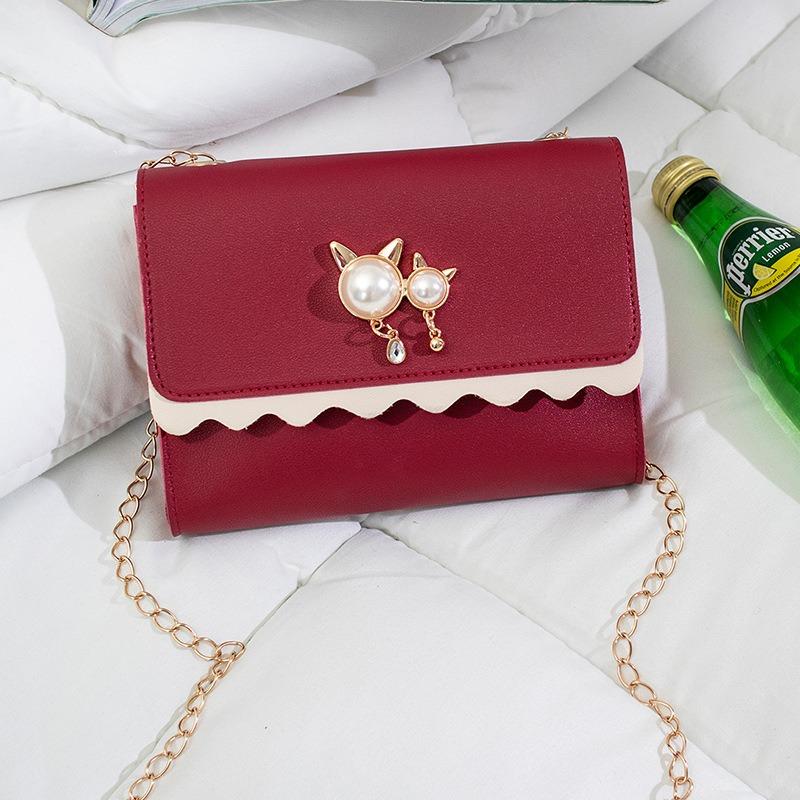 Cat Head Pearl Decorative Wave Lace Chain One Shoulder Crossbody Women's Bag Versatile