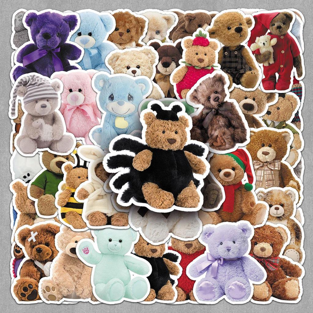 50 Cute Bear Plush Toy Stickers for Refrigerators, Guitars, Headphones, and Photo Albums